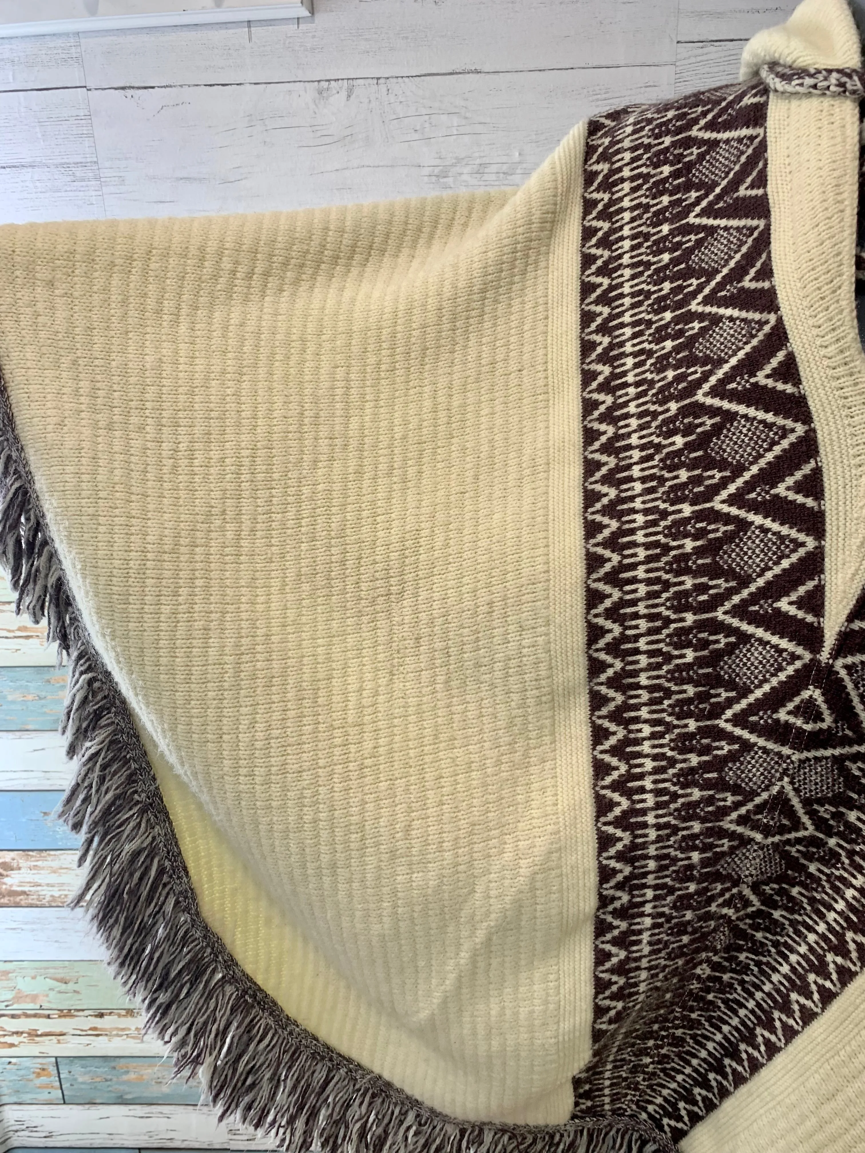 70’s Beige and Brown Fringed Knit Poncho