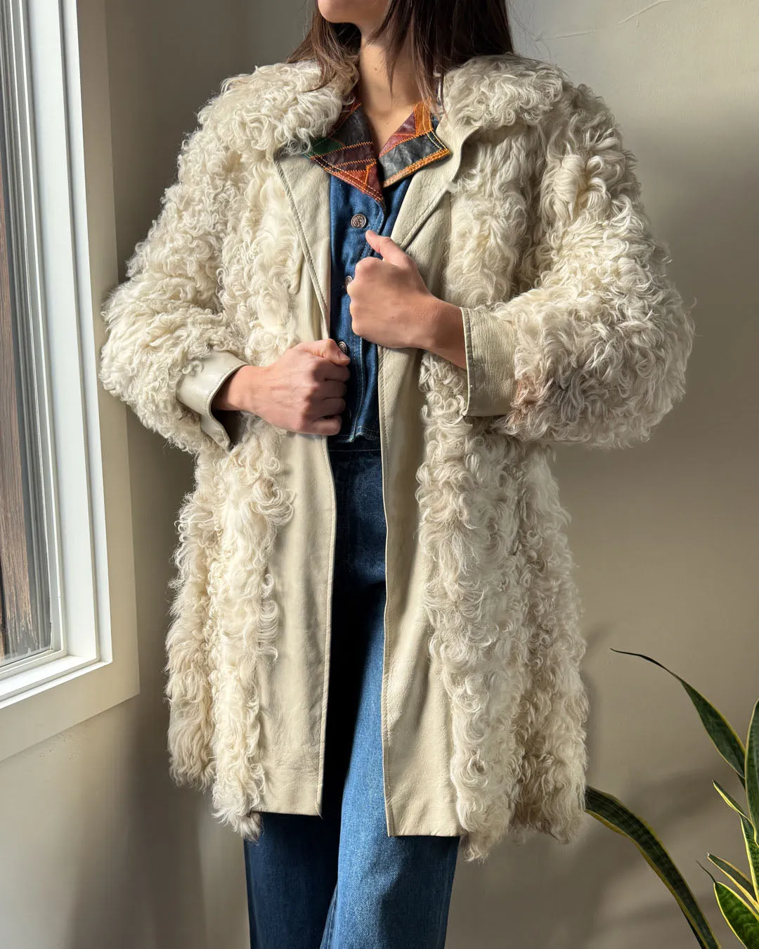 70s Natural Curly Lamb Coat | S