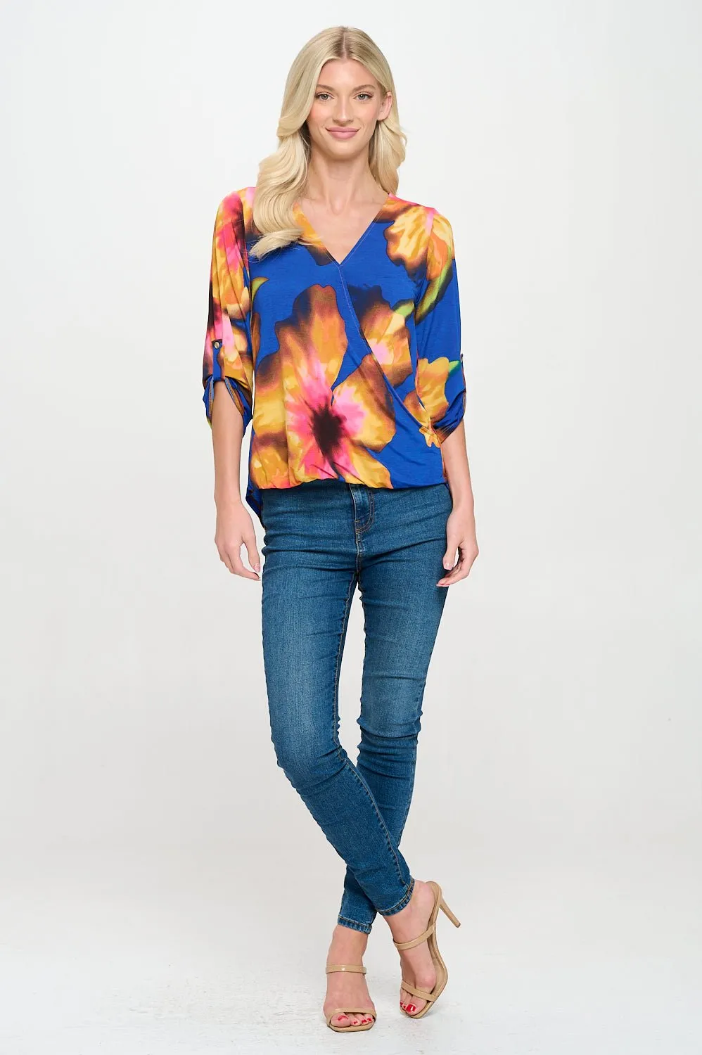 Alexa Knit Surplice Roll Tab Blouse