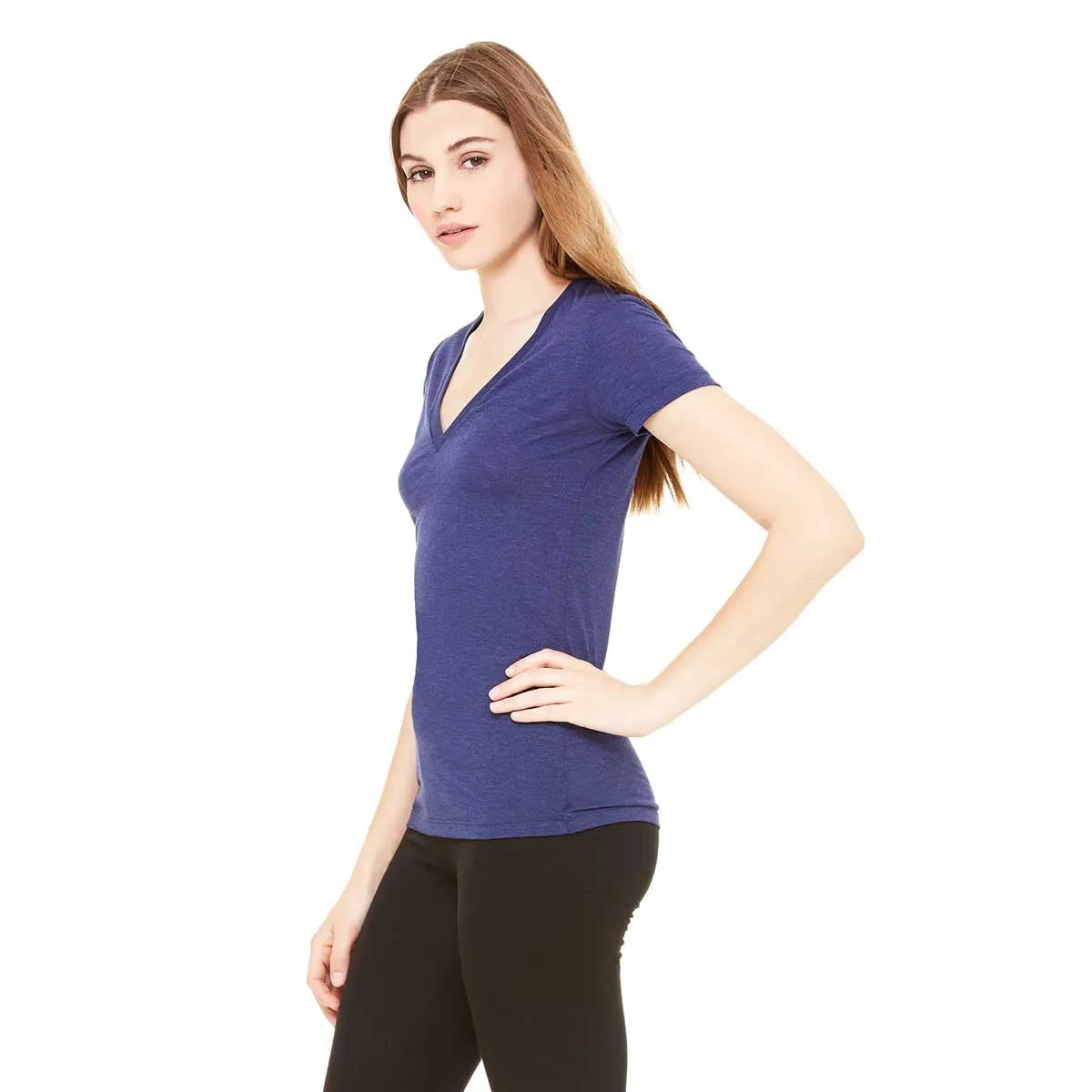 Bella   Canvas Women's Navy Triblend Short-Sleeve Deep V-Neck T-Shirt