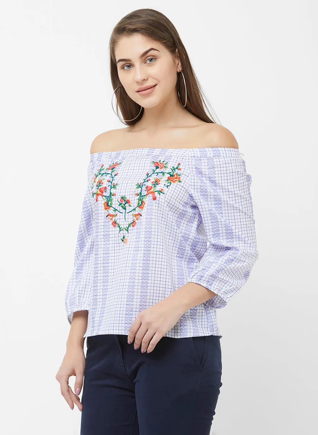 Blue Checkered Top With Embroidery