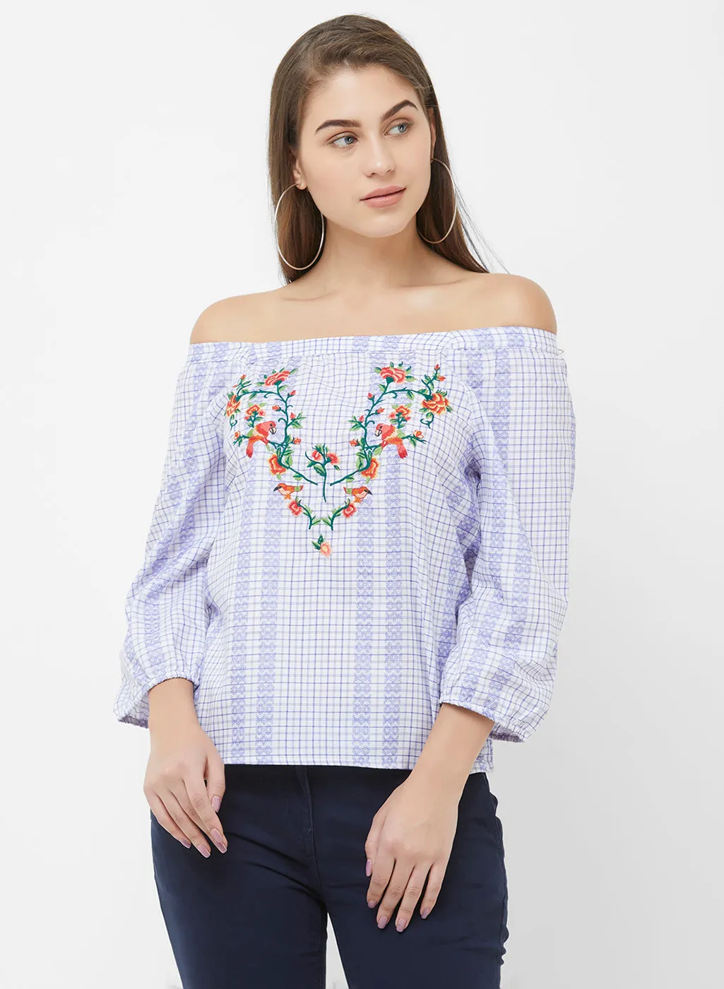 Blue Checkered Top With Embroidery