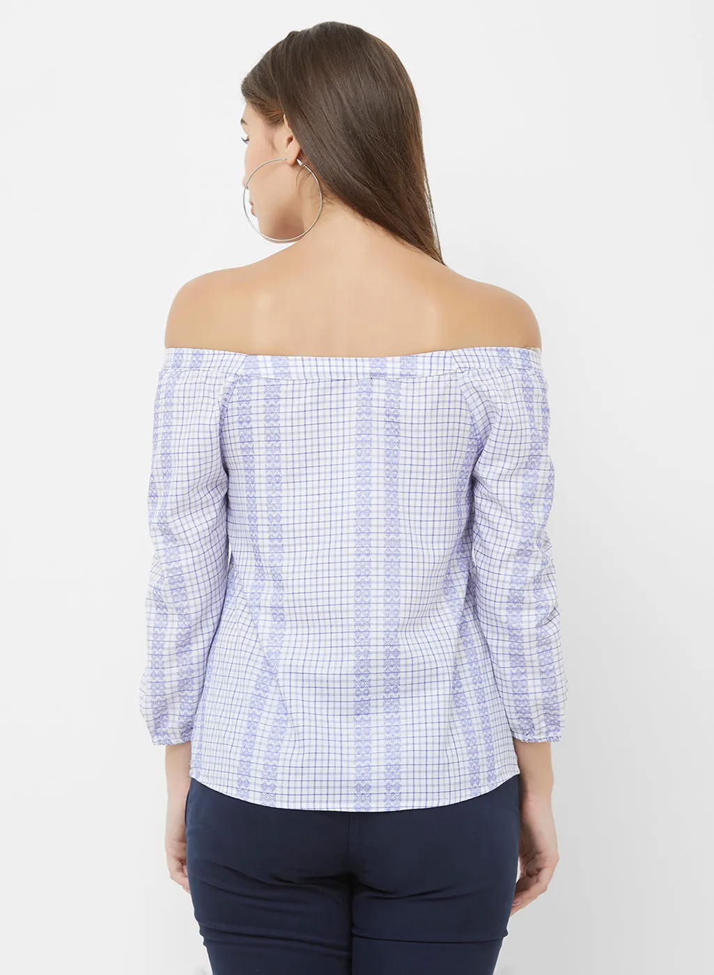 Blue Checkered Top With Embroidery