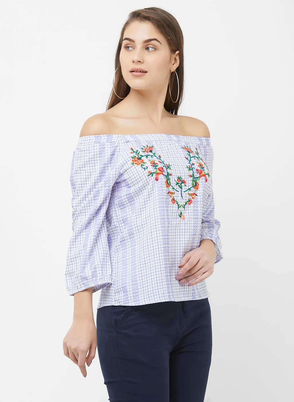 Blue Checkered Top With Embroidery