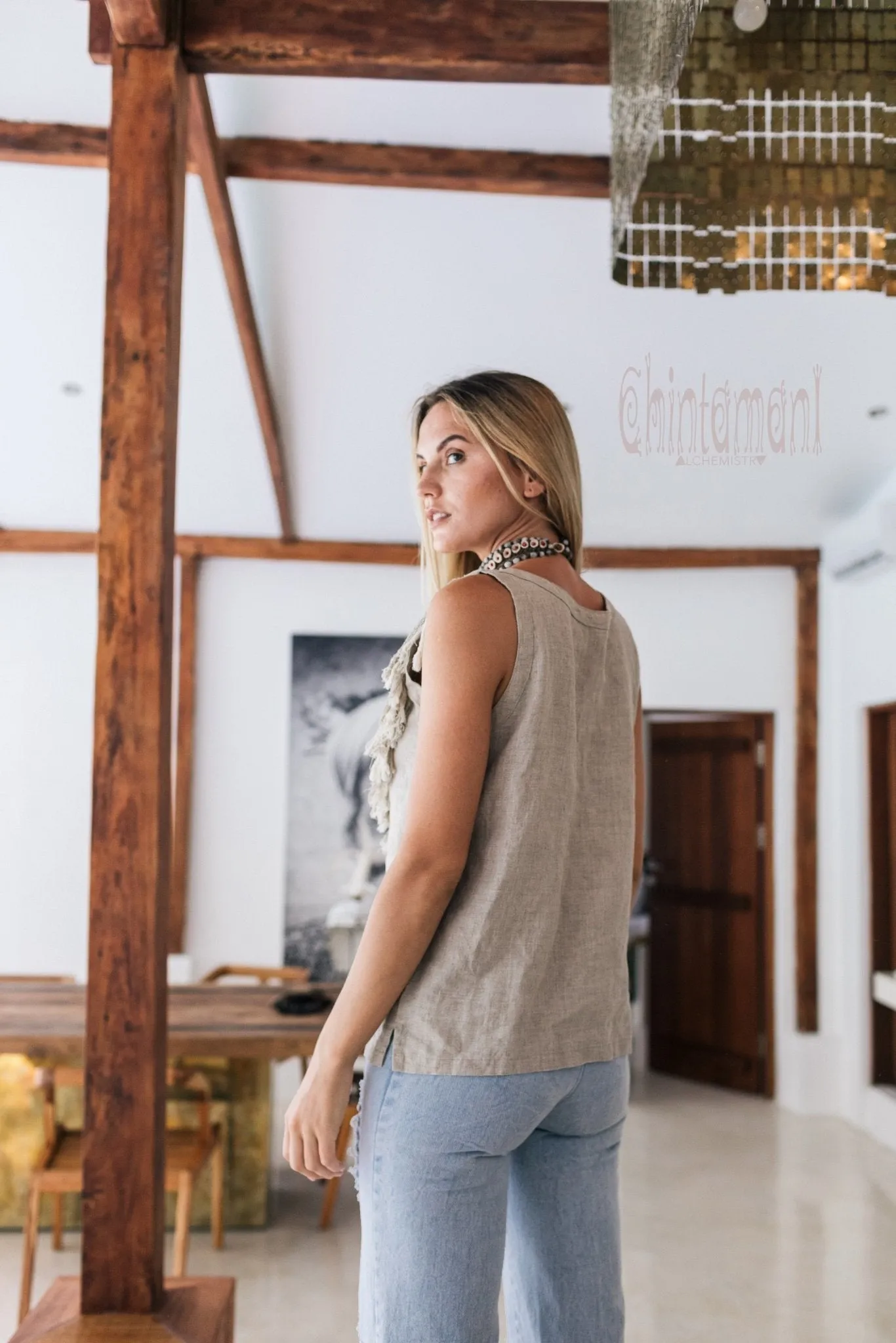 Boho Linen Tank Top with Fringes / Gray