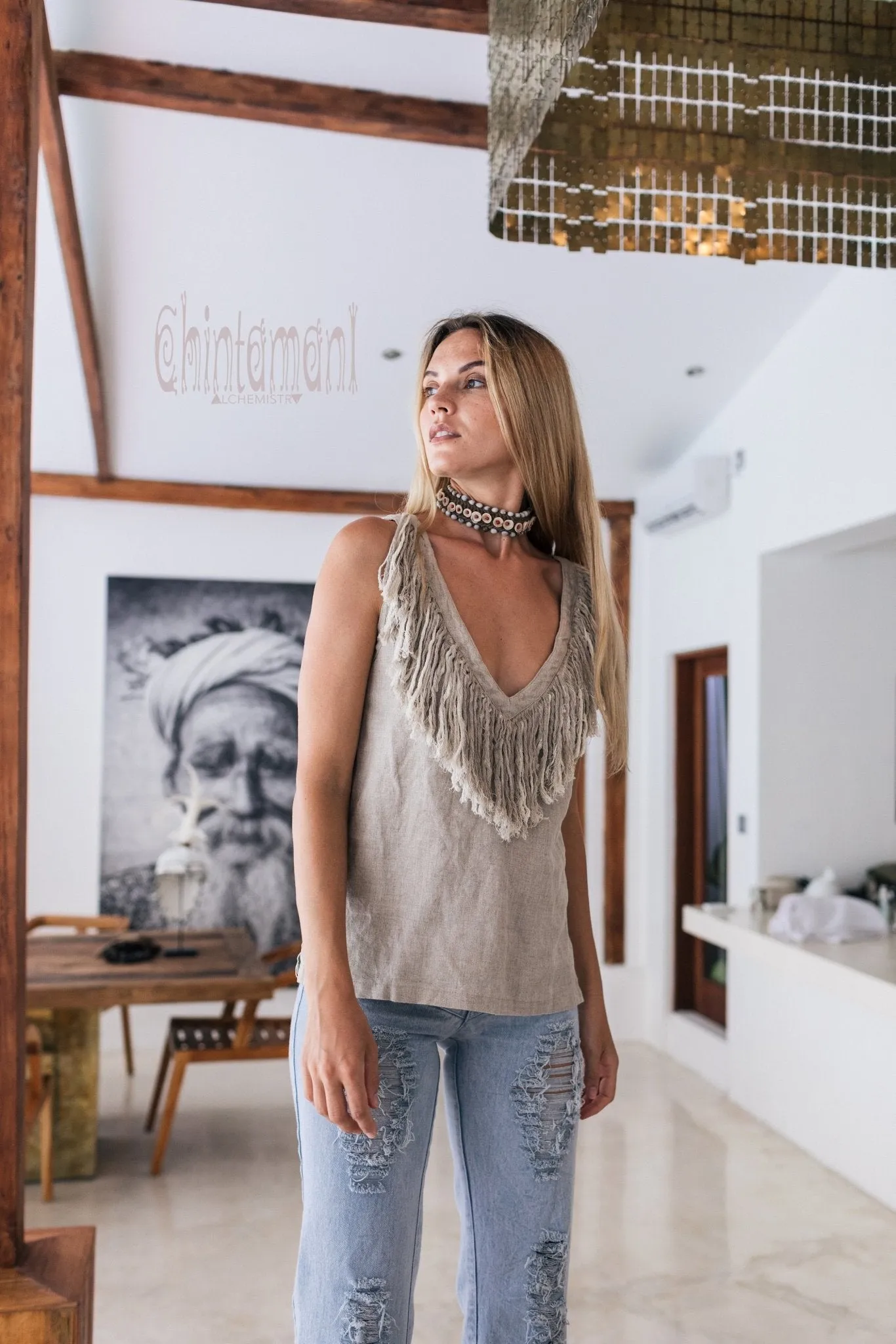 Boho Linen Tank Top with Fringes / Gray