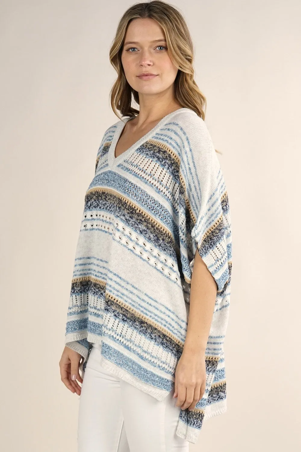 Boho Multi-Colored Striped Poncho Sweater
