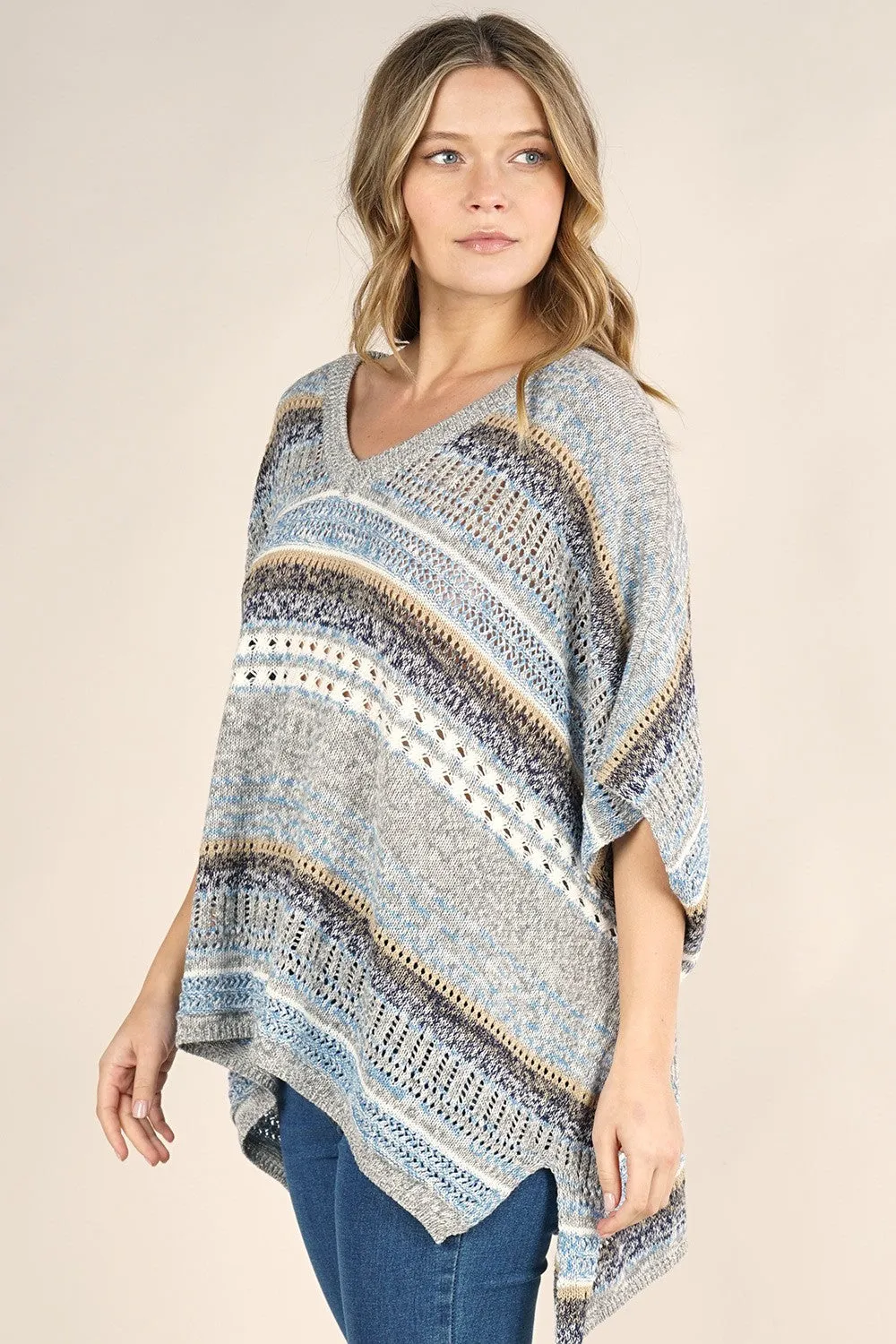 Boho Multi-Colored Striped Poncho Sweater