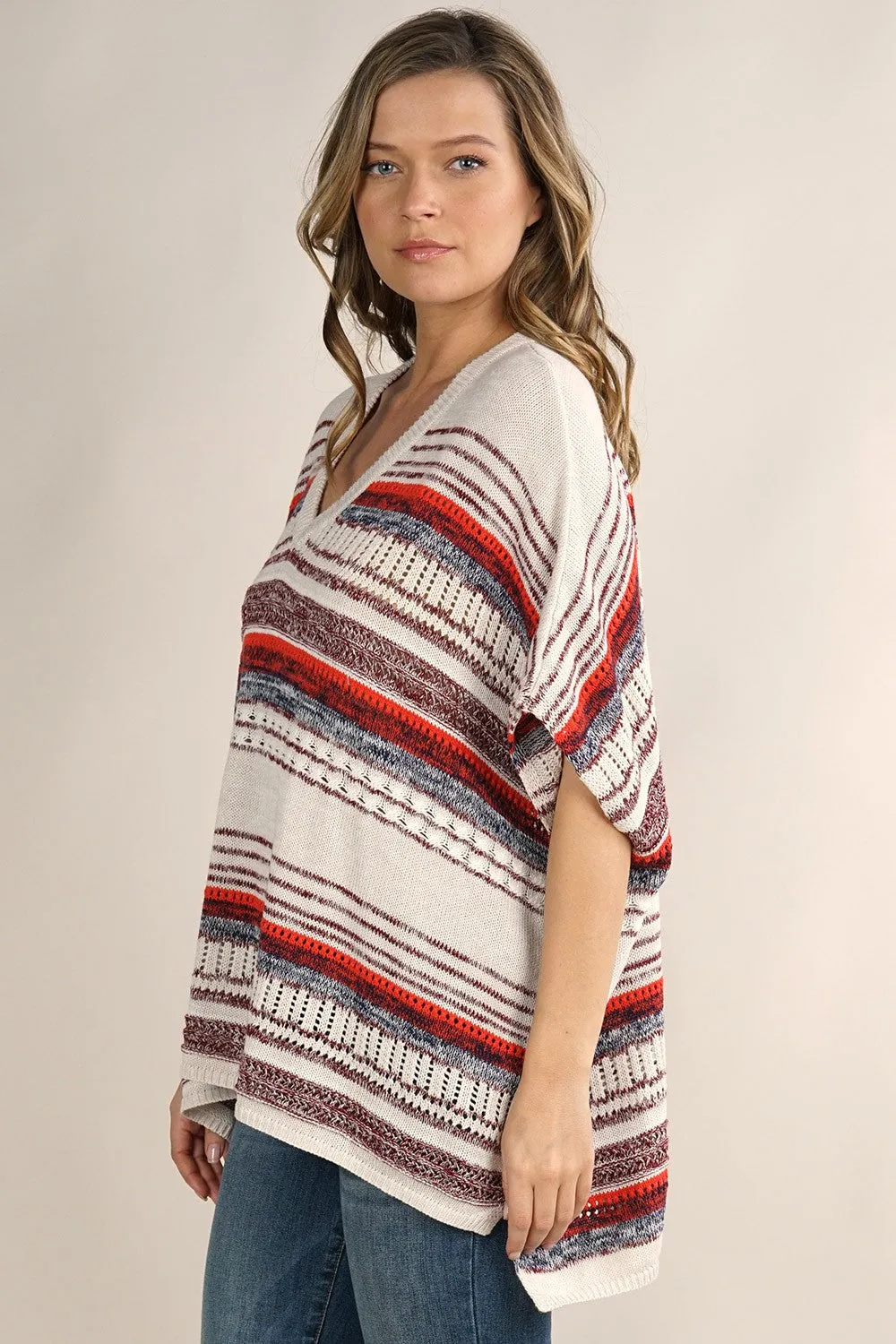 Boho Multi-Colored Striped Poncho Sweater