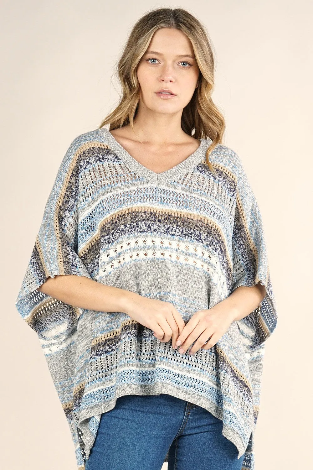 Boho Multi-Colored Striped Poncho Sweater