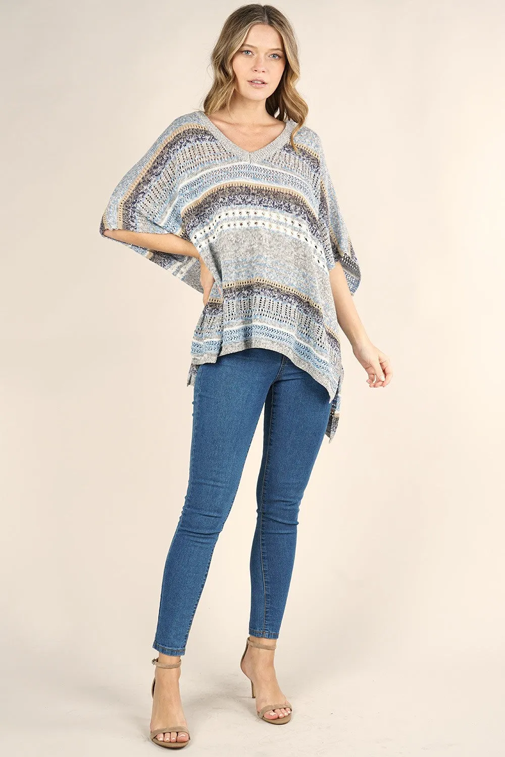Boho Multi-Colored Striped Poncho Sweater