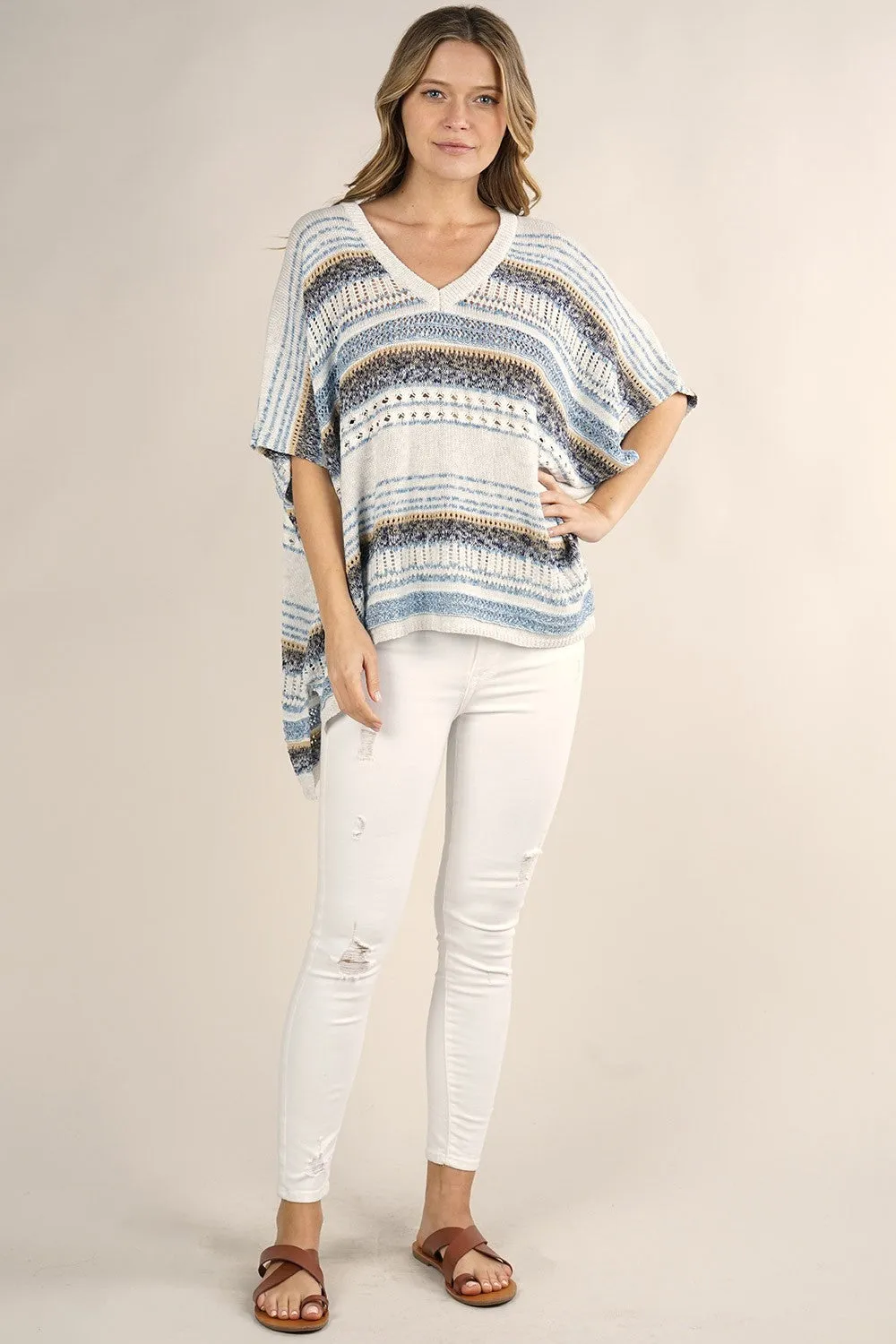 Boho Multi-Colored Striped Poncho Sweater
