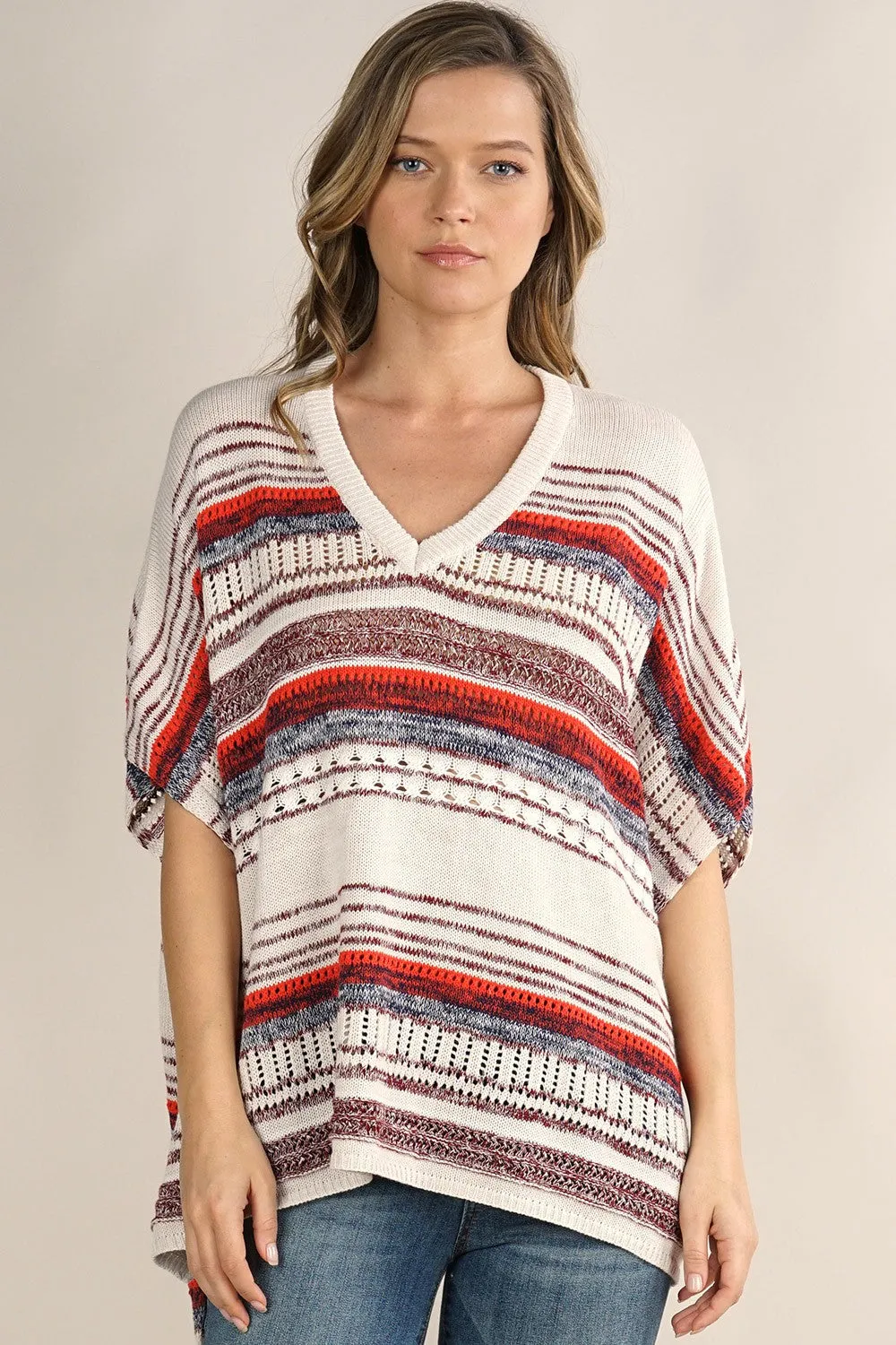 Boho Multi-Colored Striped Poncho Sweater