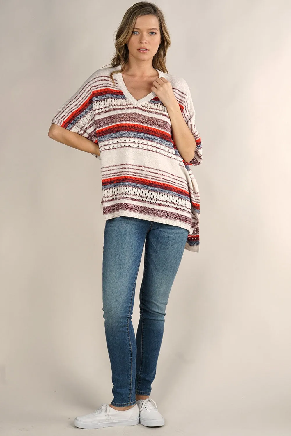 Boho Multi-Colored Striped Poncho Sweater