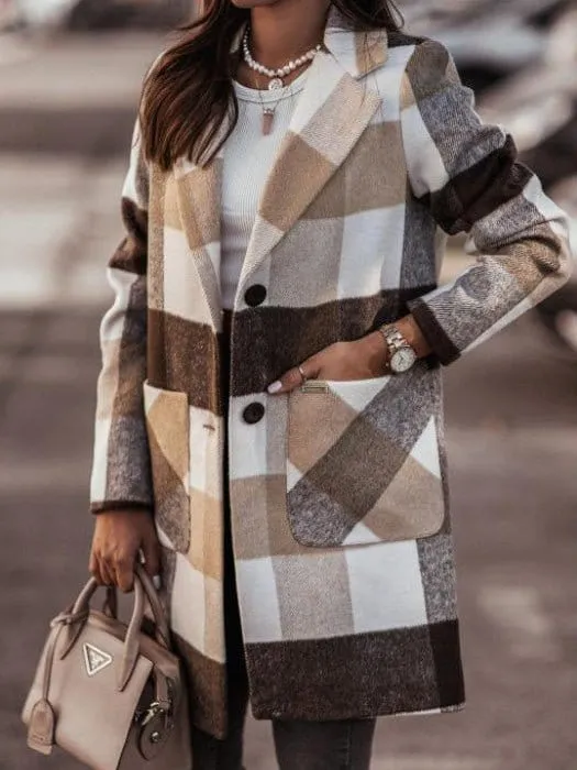 Brown, Beige, and White Plaid Coat