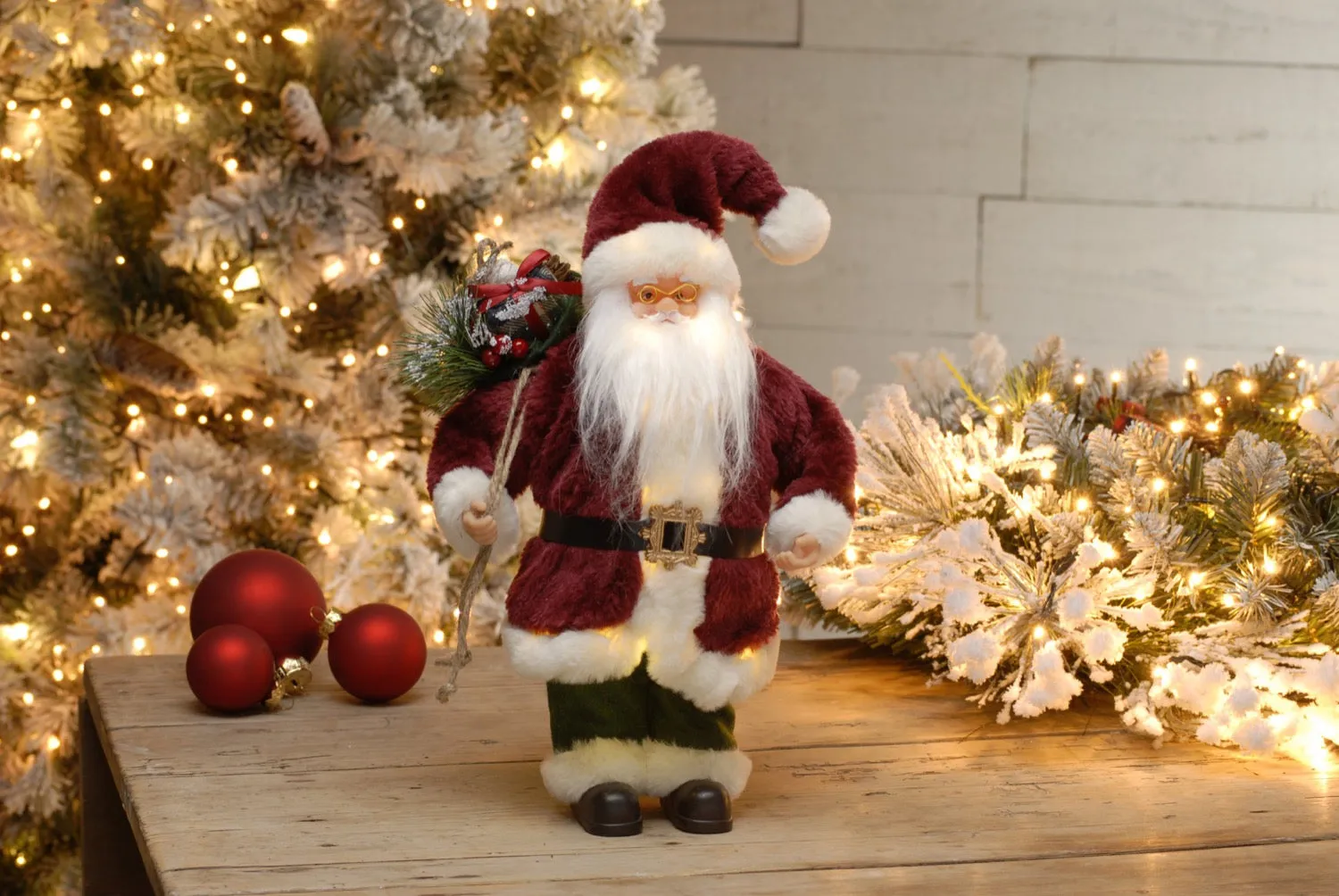 Burgundy Standing Light Up Santa with Sack