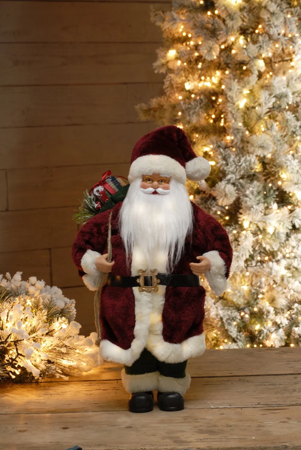 Burgundy Standing Light Up Santa with Sack