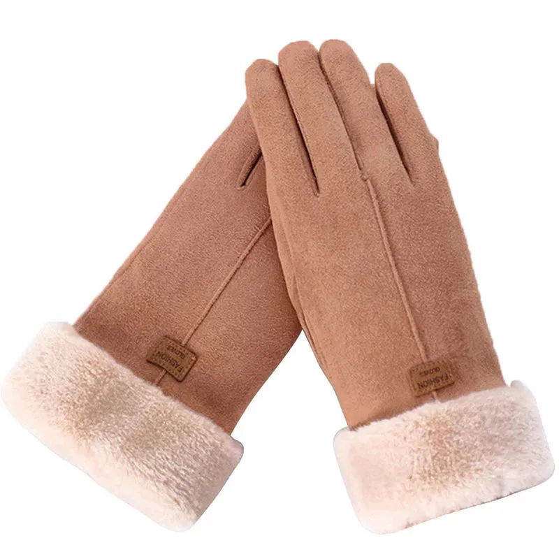 Cashmere Warm Suede Leather Plush Touch Screen Gloves