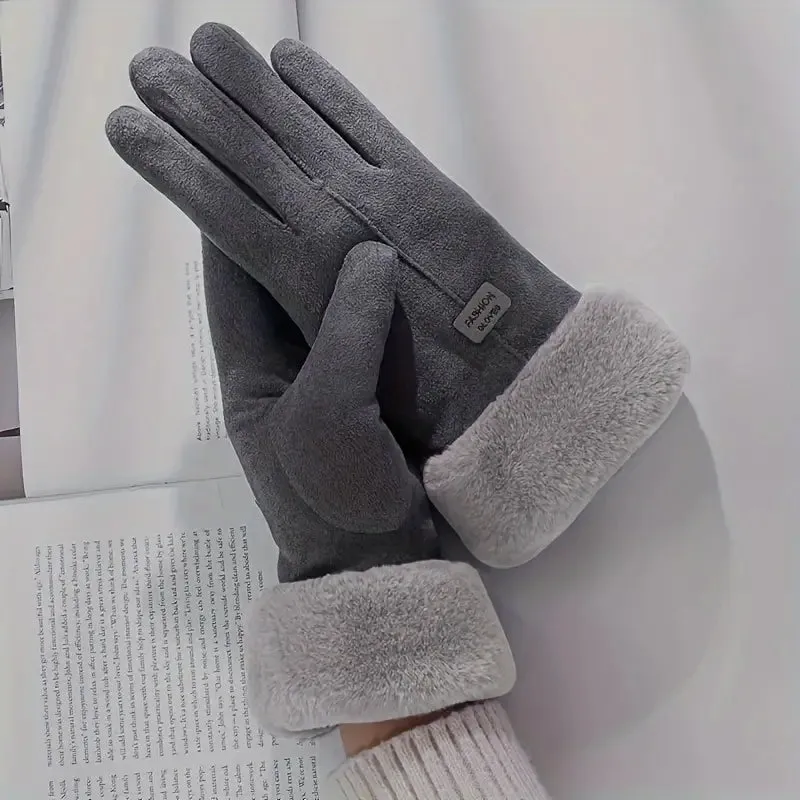 Cashmere Warm Suede Leather Plush Touch Screen Gloves