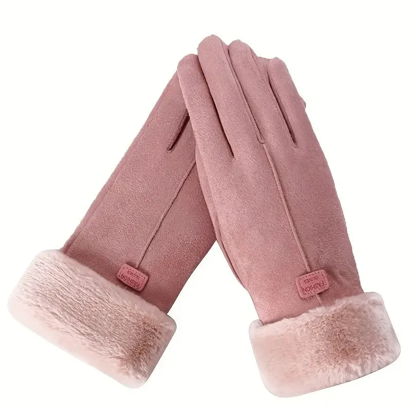 Cashmere Warm Suede Leather Plush Touch Screen Gloves