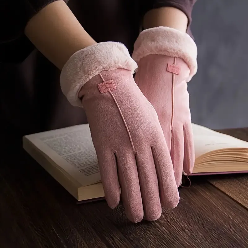 Cashmere Warm Suede Leather Plush Touch Screen Gloves