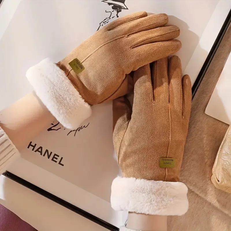 Cashmere Warm Suede Leather Plush Touch Screen Gloves