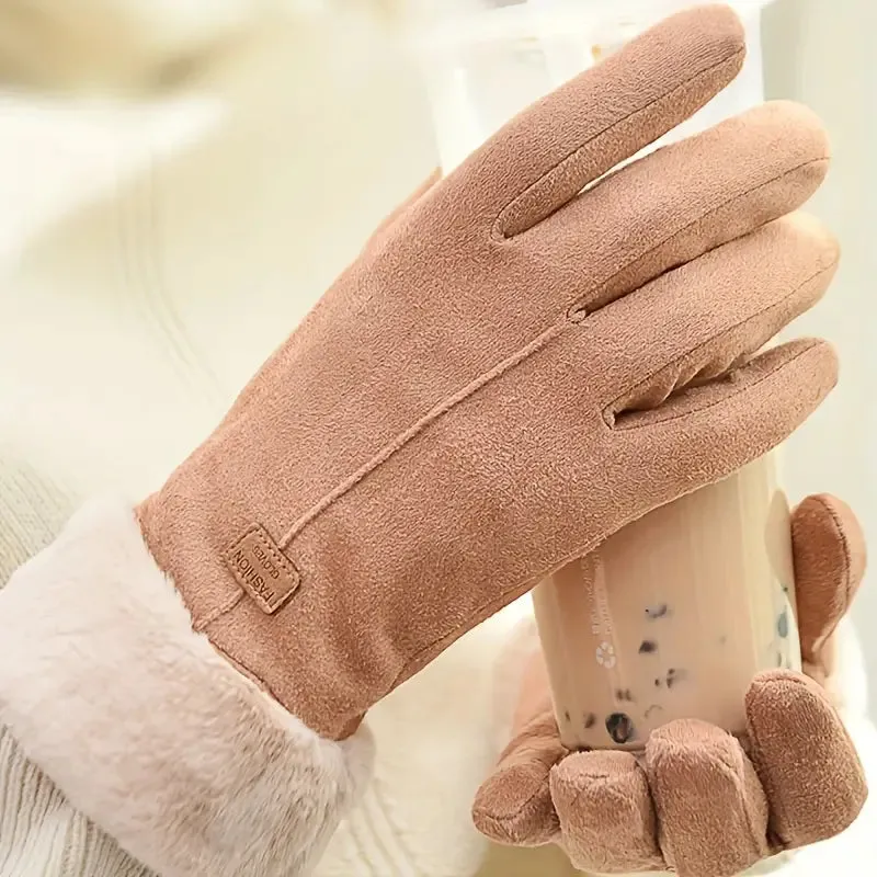Cashmere Warm Suede Leather Plush Touch Screen Gloves