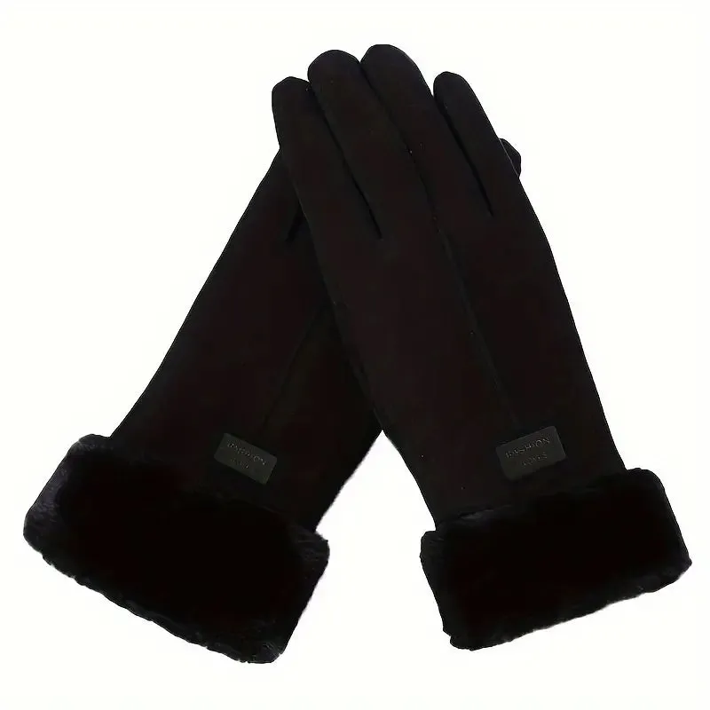 Cashmere Warm Suede Leather Plush Touch Screen Gloves
