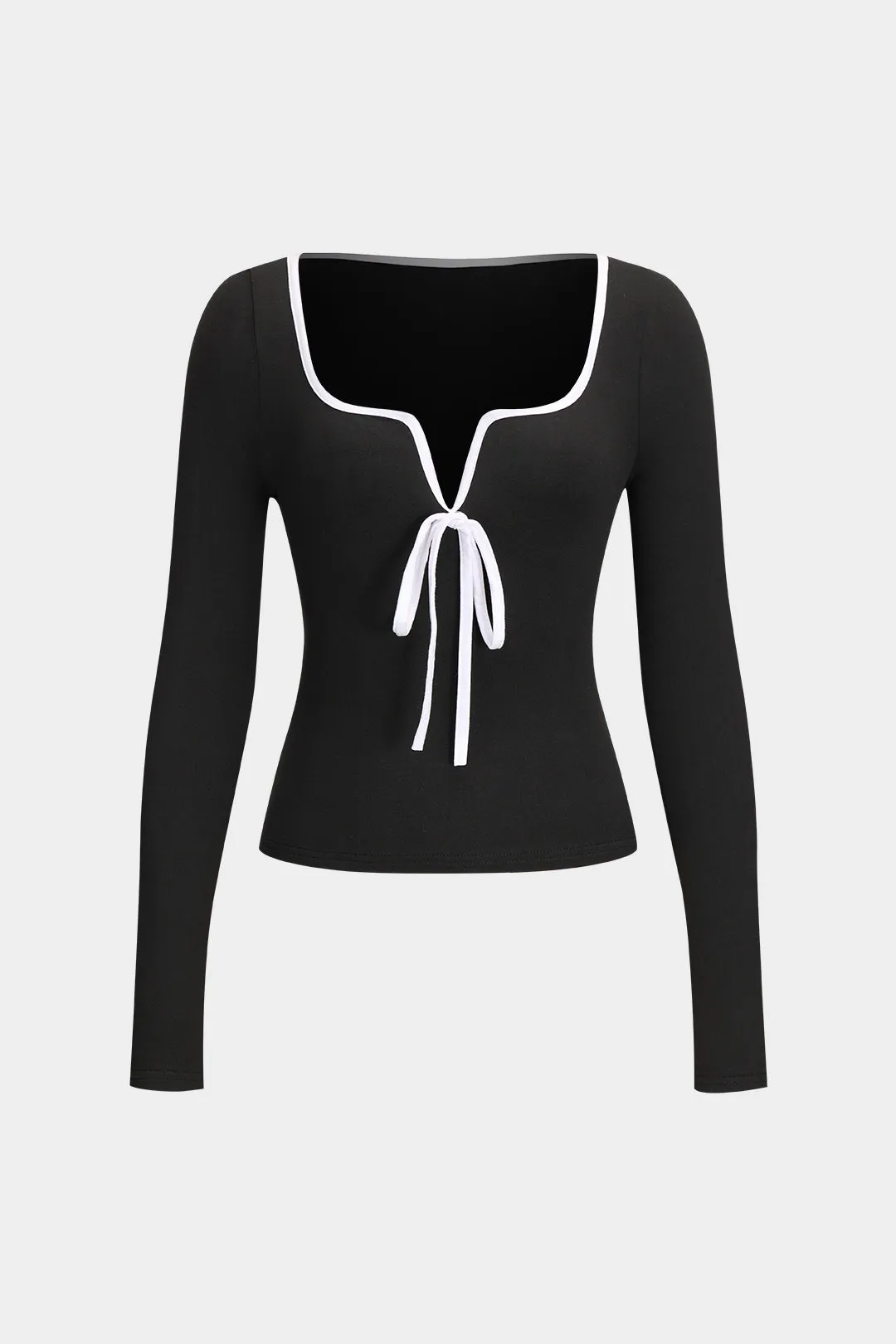 Contrast Bow Tie-Up Long-Sleeve Top
