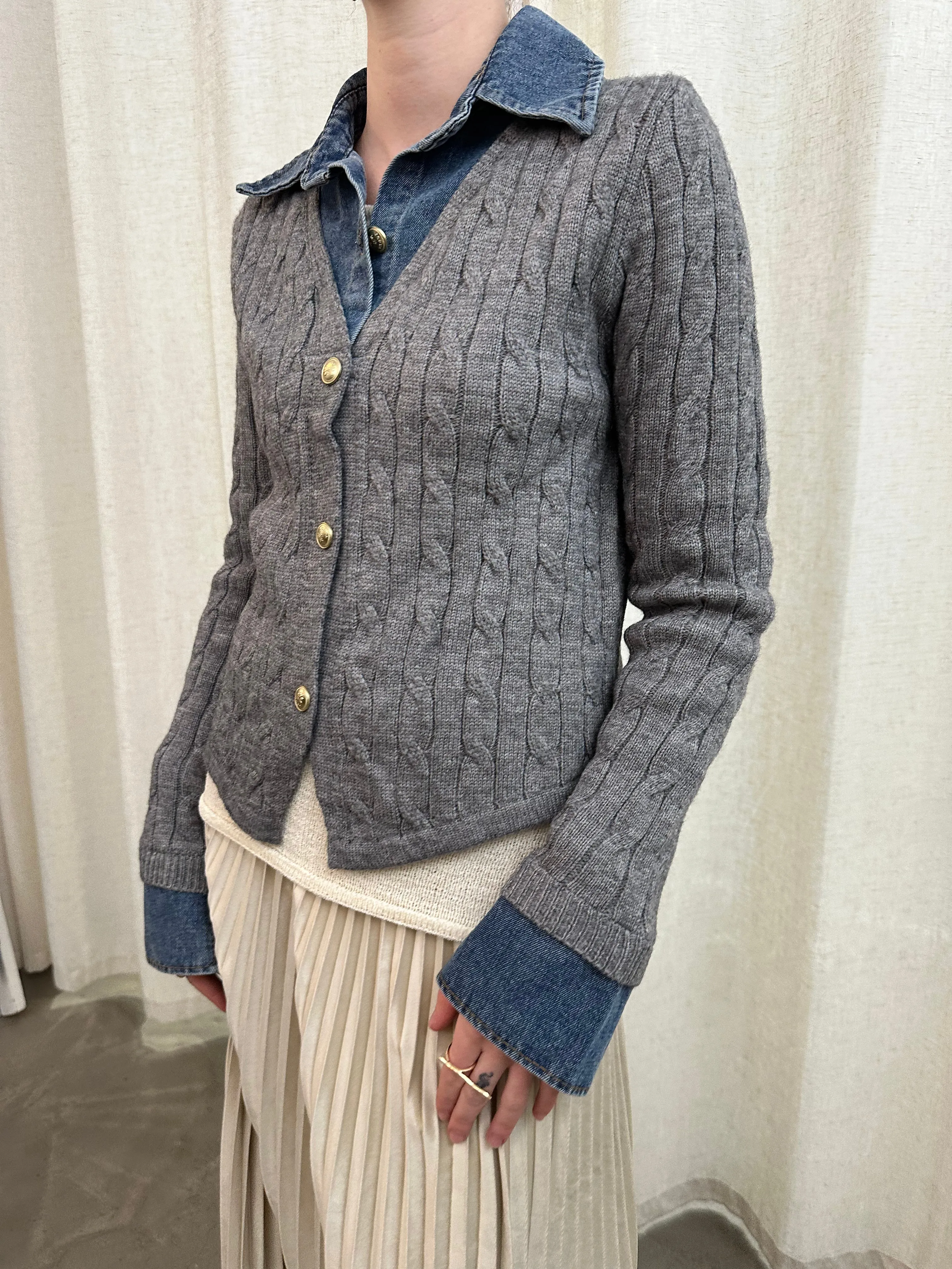 denim knit combo top