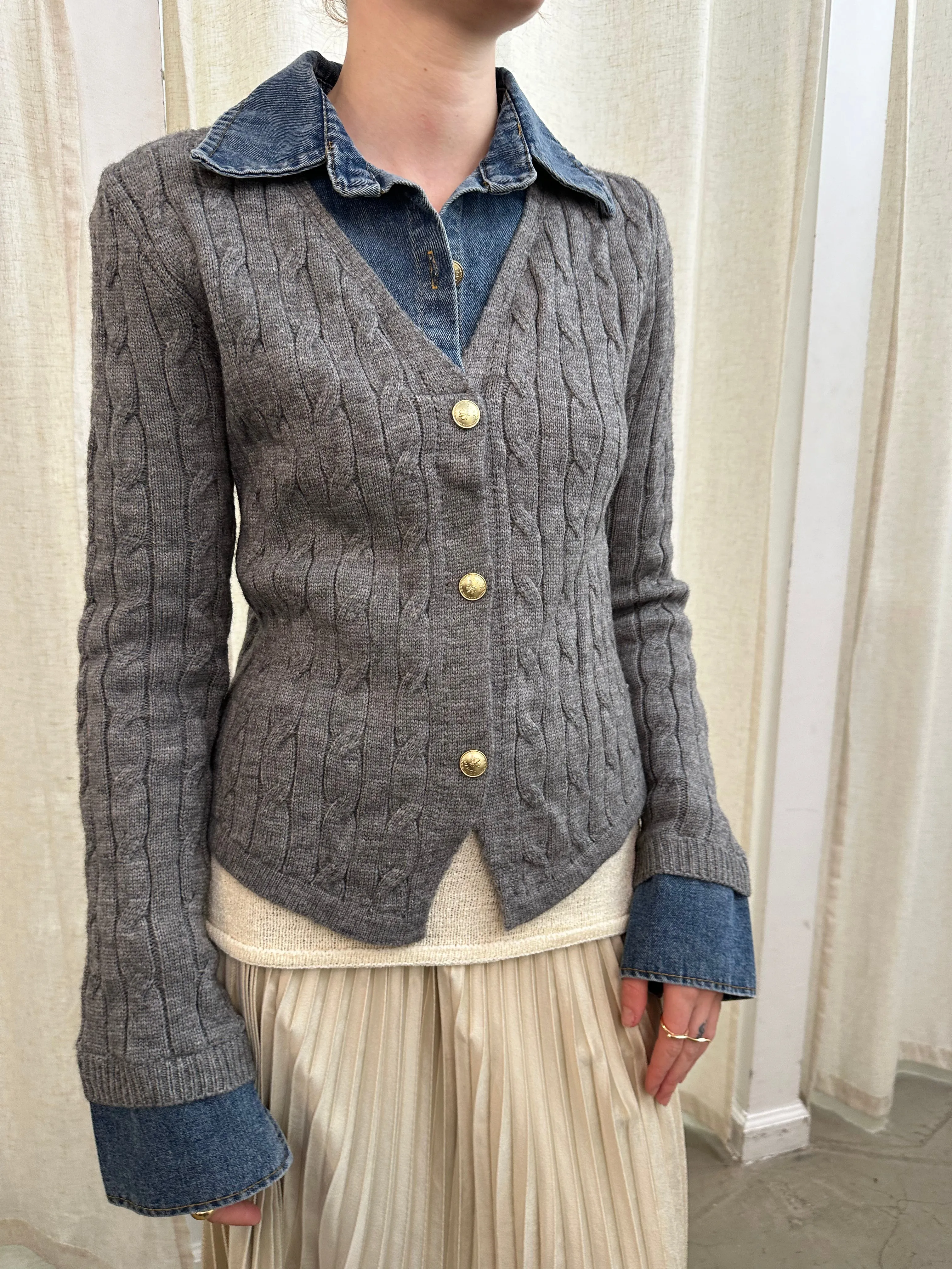 denim knit combo top