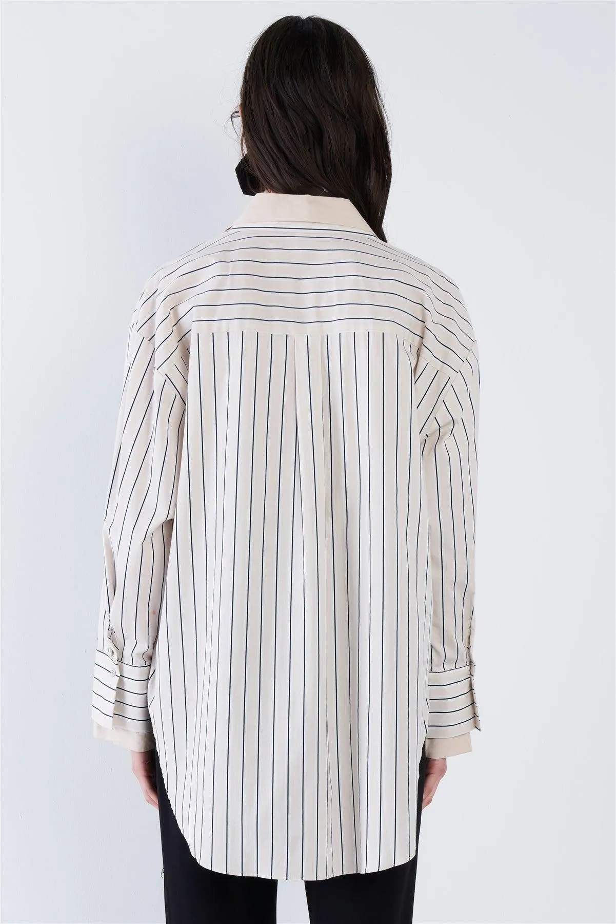 Ecru Pink & Blue Stripe Layered Double Button Down Top  /4-2