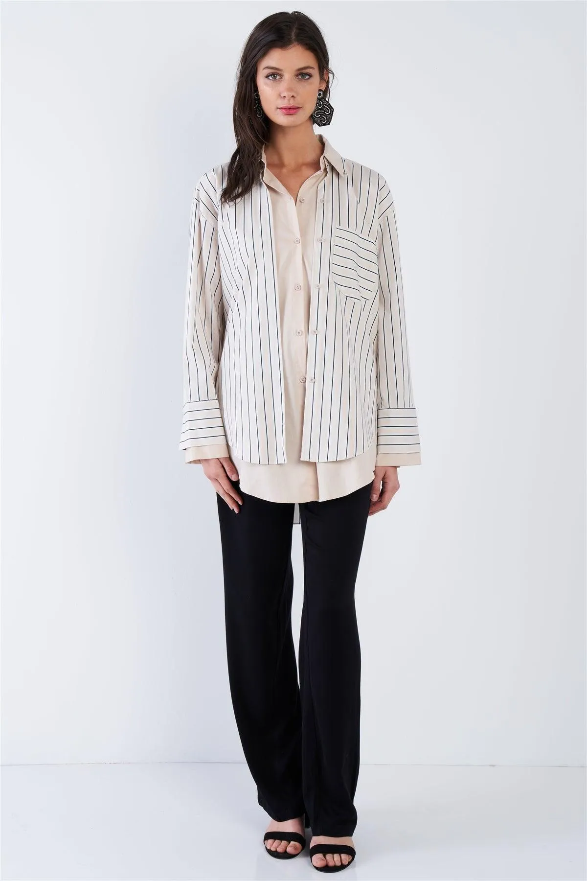 Ecru Pink & Blue Stripe Layered Double Button Down Top  /4-2