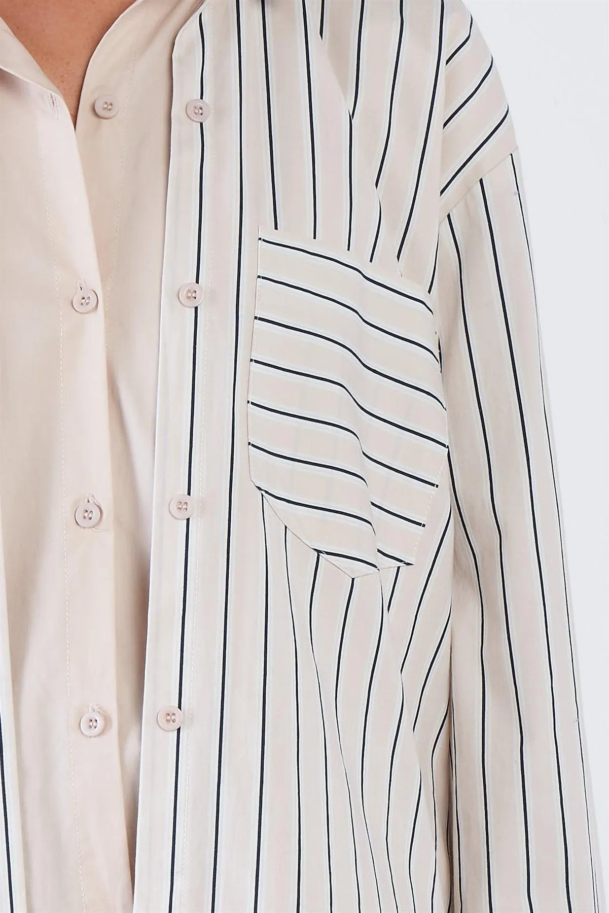 Ecru Pink & Blue Stripe Layered Double Button Down Top  /4-2