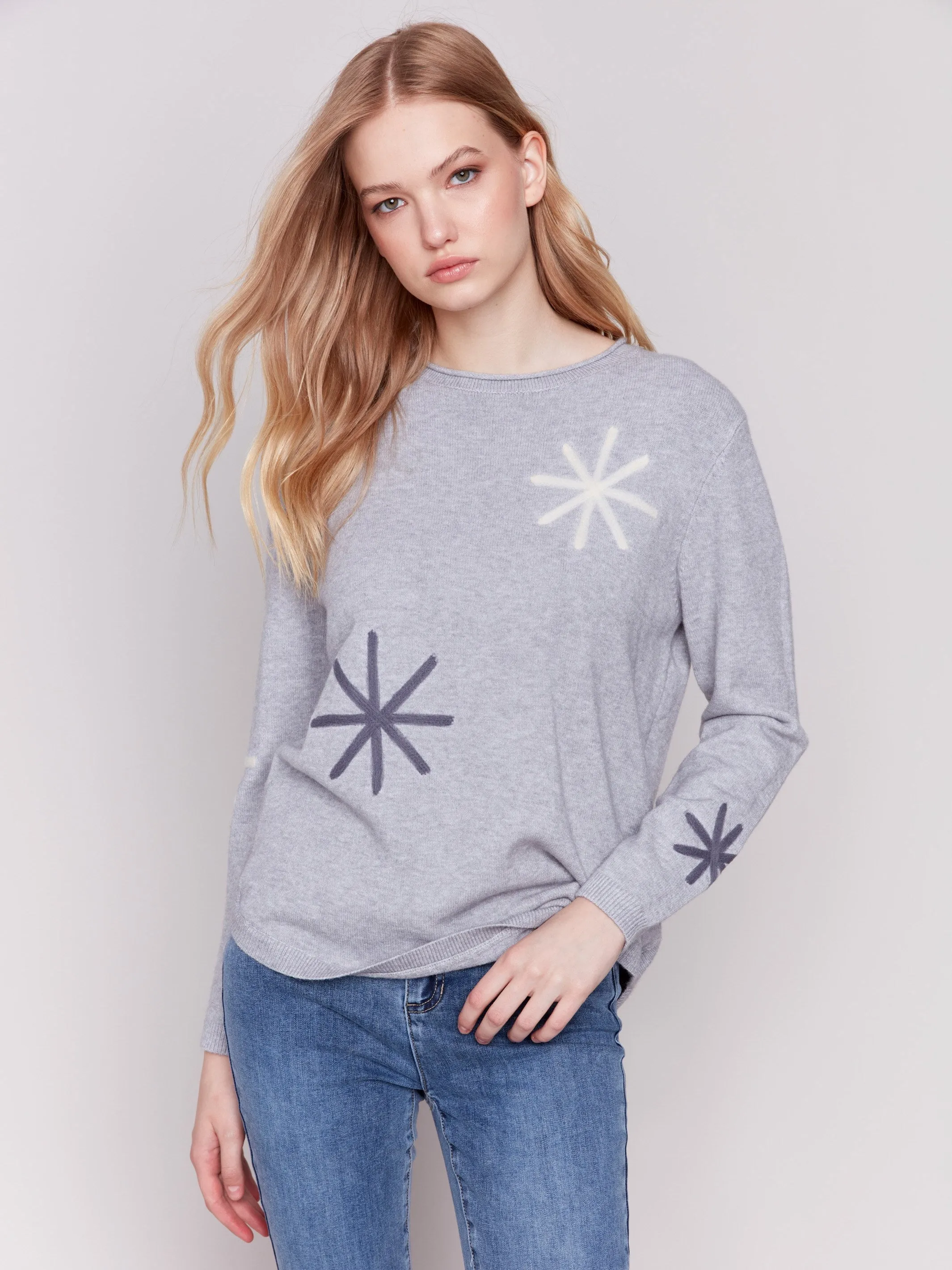 Embroidered Snowflake Sweater - Light Grey - Bronze