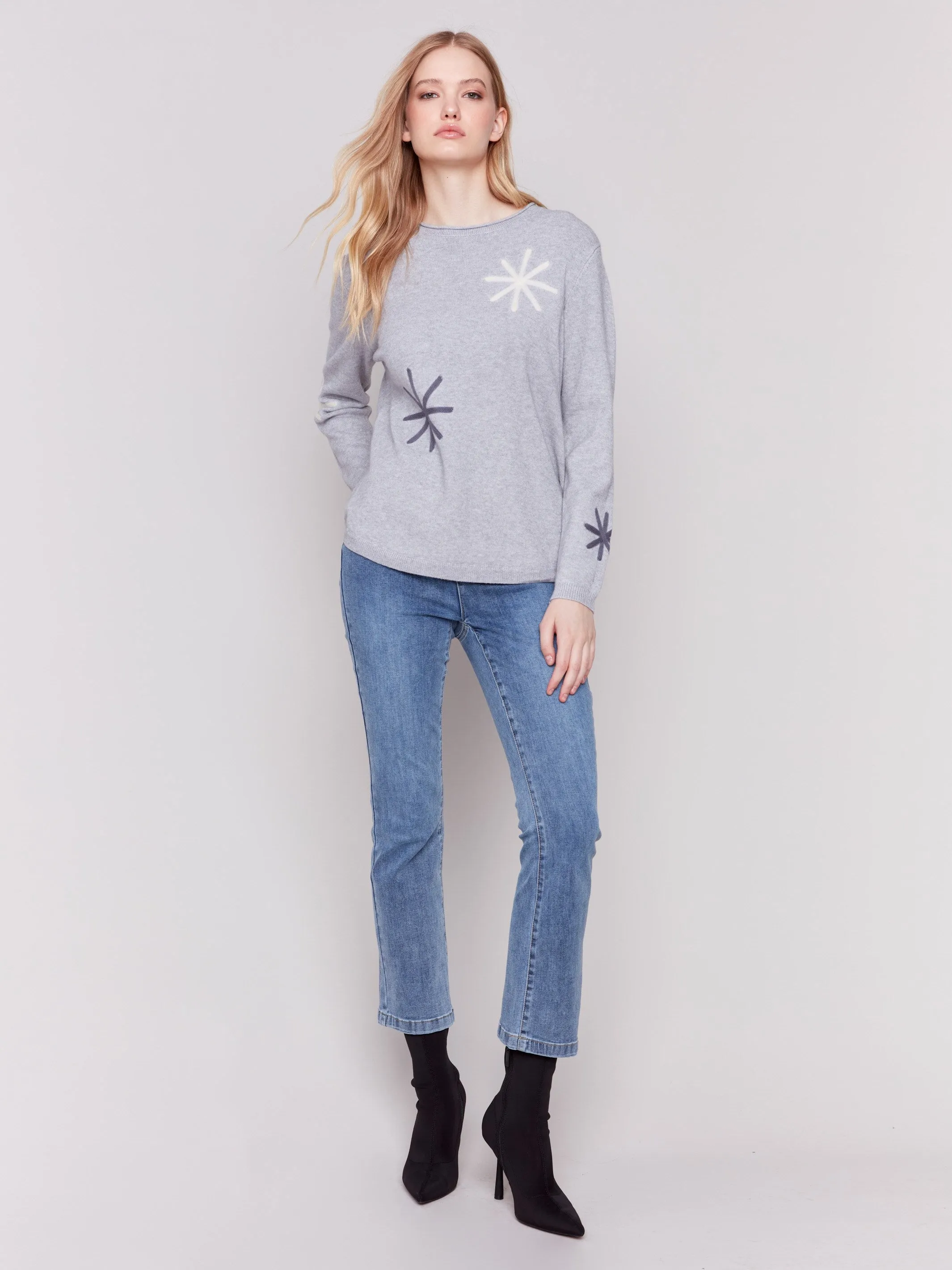 Embroidered Snowflake Sweater - Light Grey - Bronze
