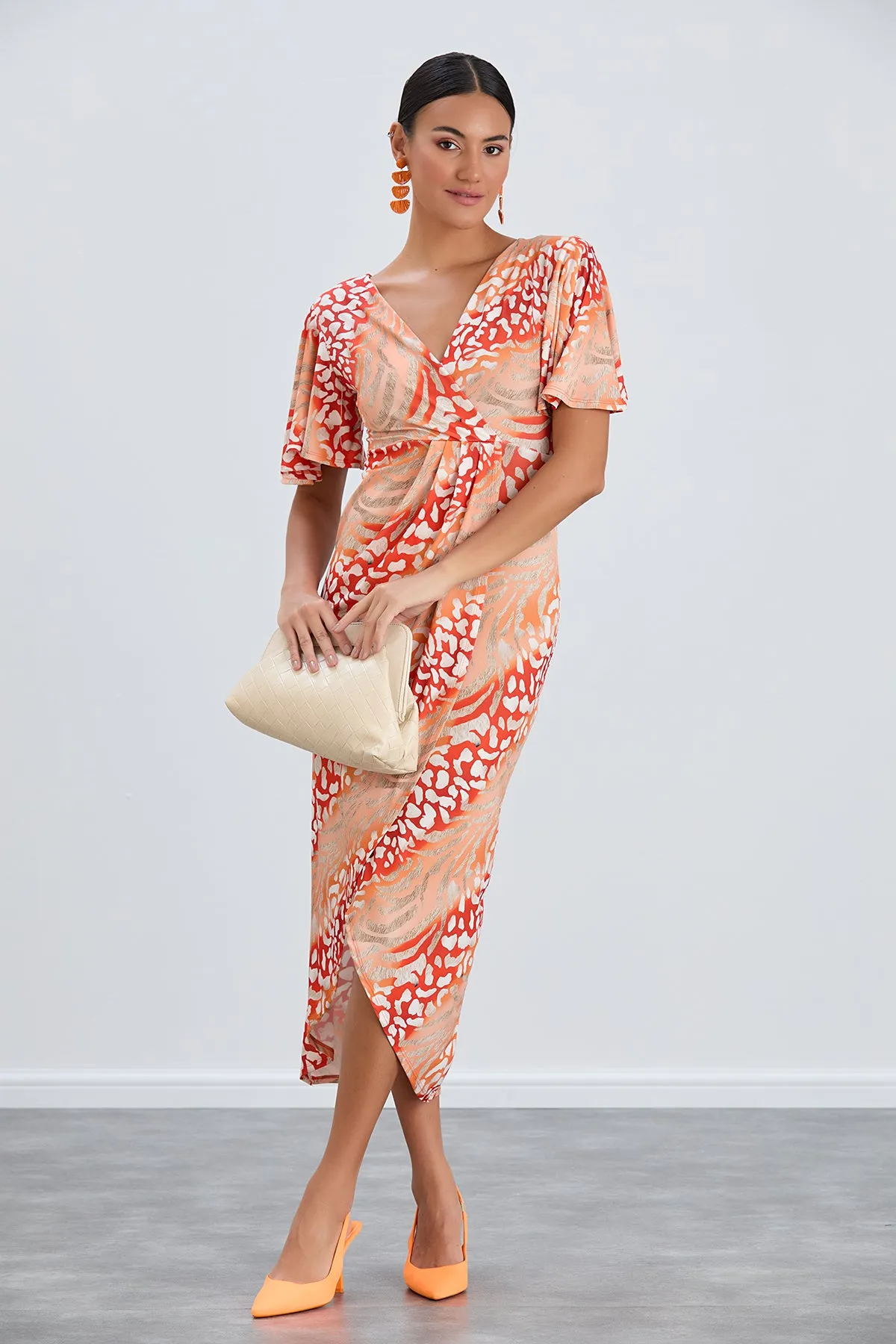 Flirty Flutter Sleeve Wrap Midi Dress in Orange Animal Print