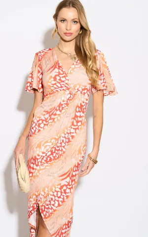 Flirty Flutter Sleeve Wrap Midi Dress in Orange Animal Print