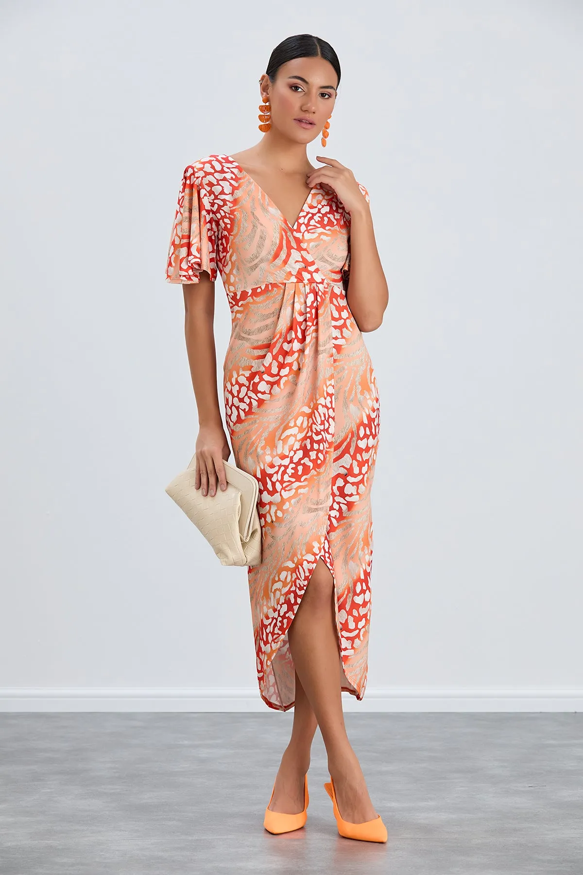 Flirty Flutter Sleeve Wrap Midi Dress in Orange Animal Print