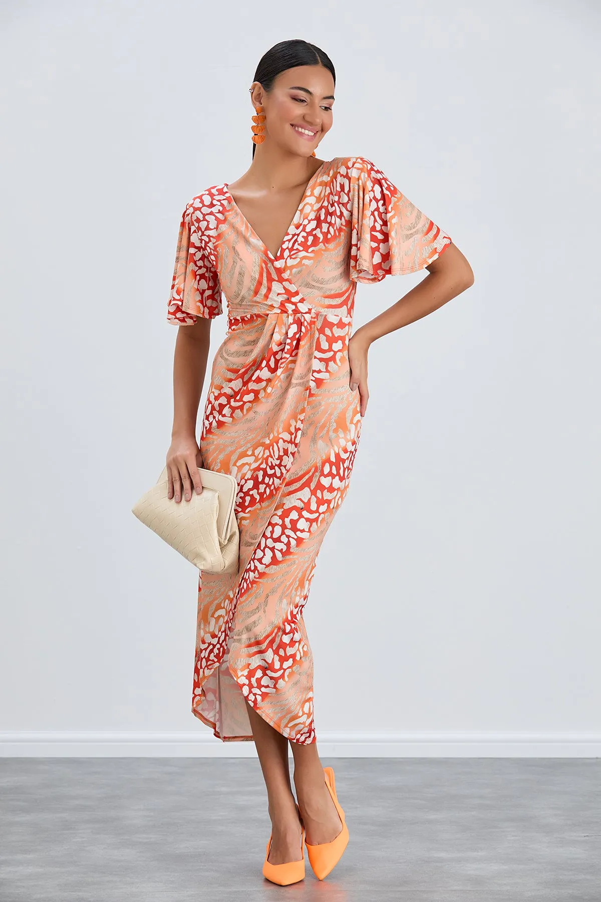 Flirty Flutter Sleeve Wrap Midi Dress in Orange Animal Print