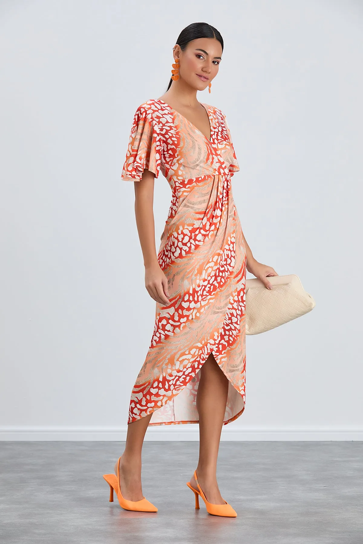 Flirty Flutter Sleeve Wrap Midi Dress in Orange Animal Print