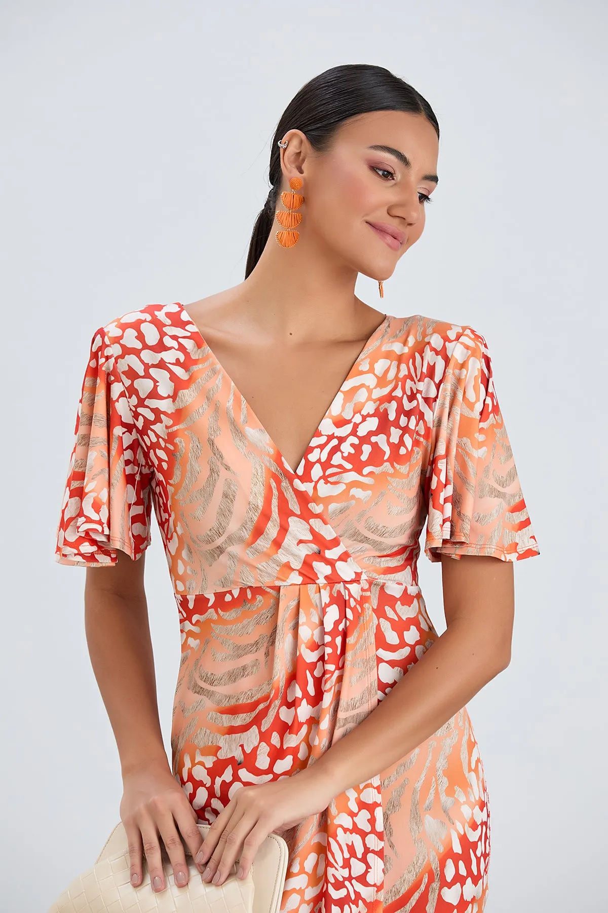Flirty Flutter Sleeve Wrap Midi Dress in Orange Animal Print