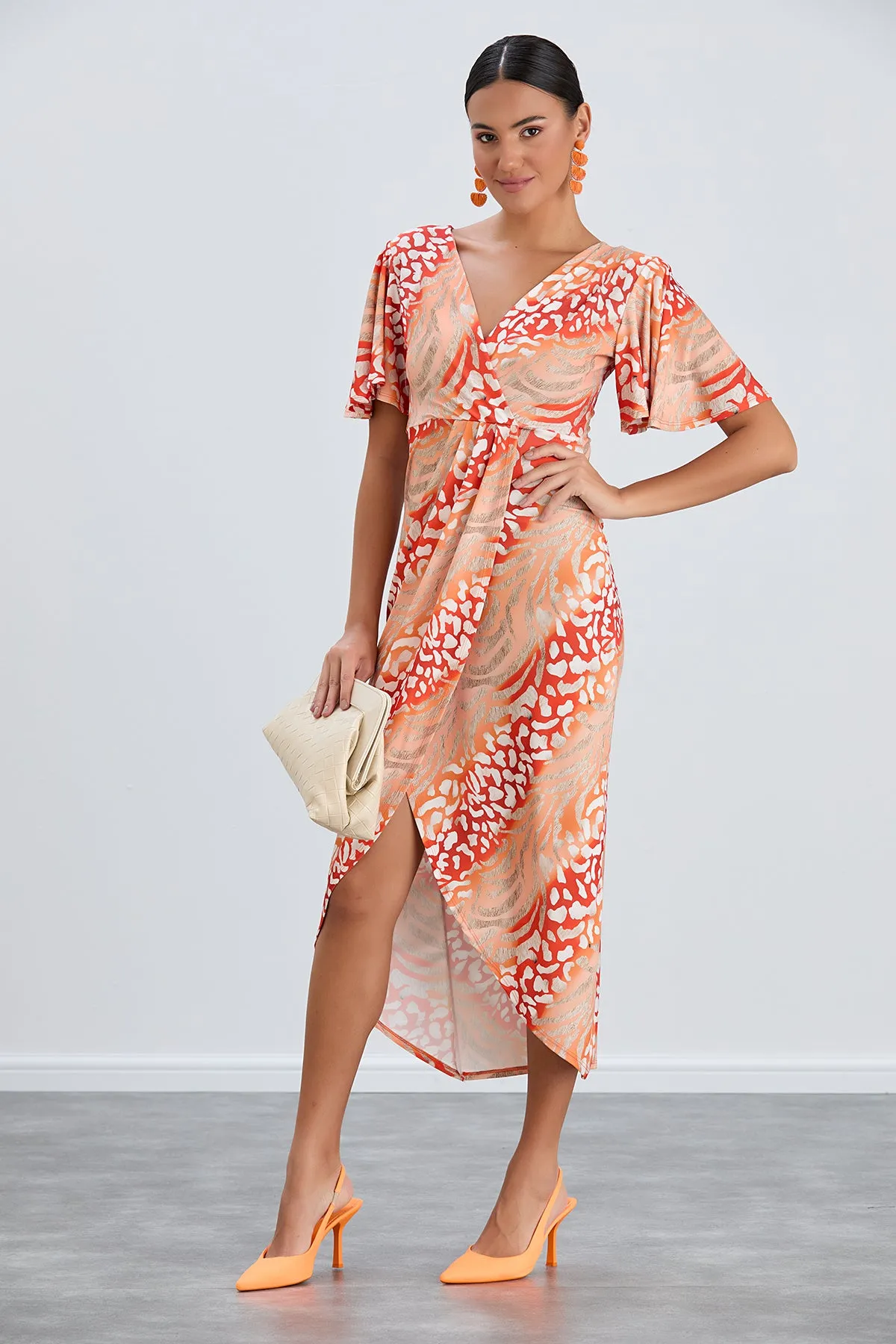 Flirty Flutter Sleeve Wrap Midi Dress in Orange Animal Print