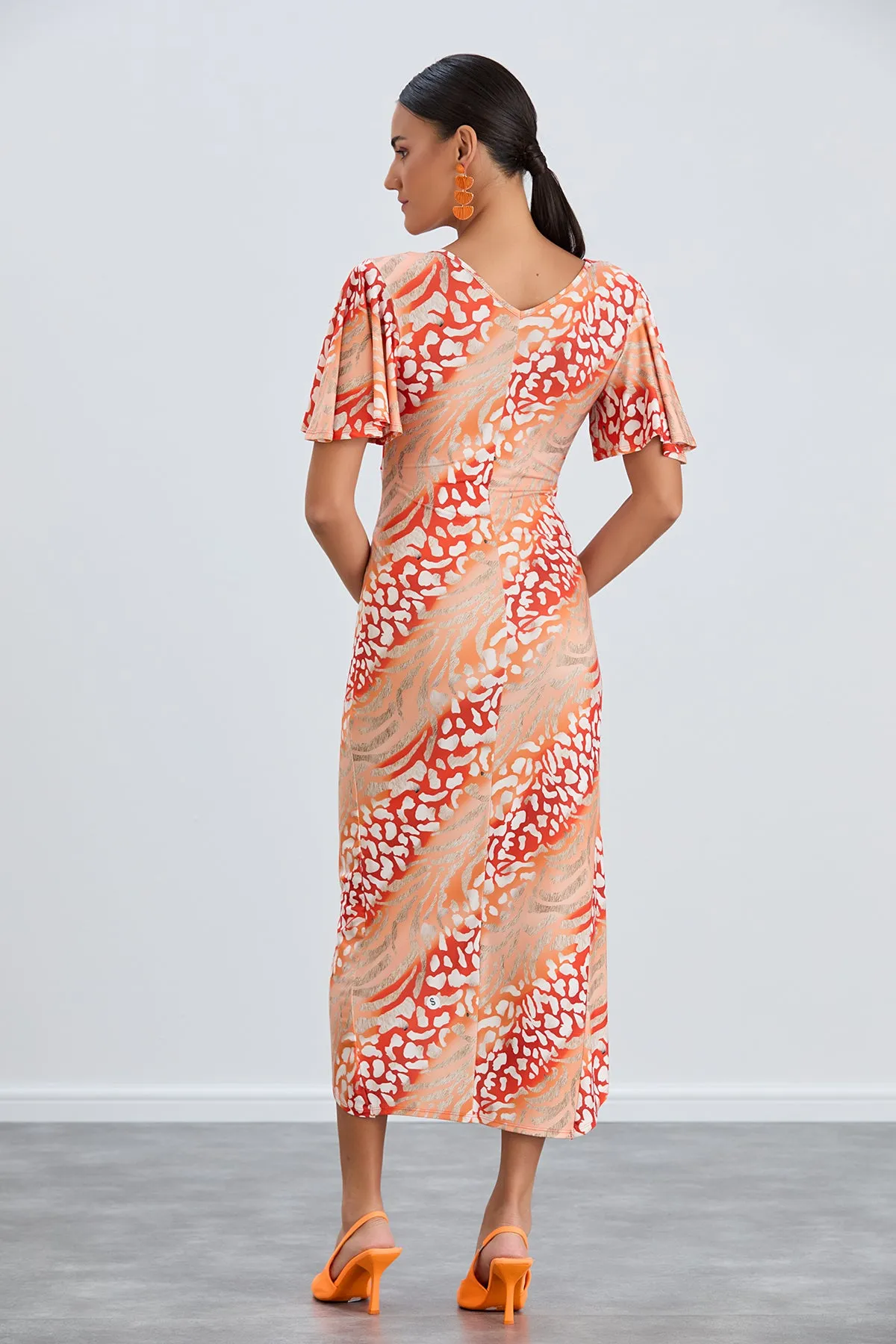 Flirty Flutter Sleeve Wrap Midi Dress in Orange Animal Print