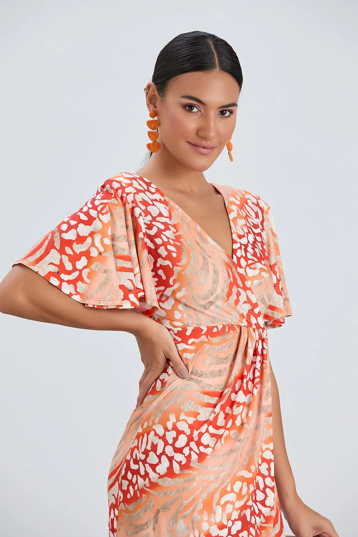 Flirty Flutter Sleeve Wrap Midi Dress in Orange Animal Print