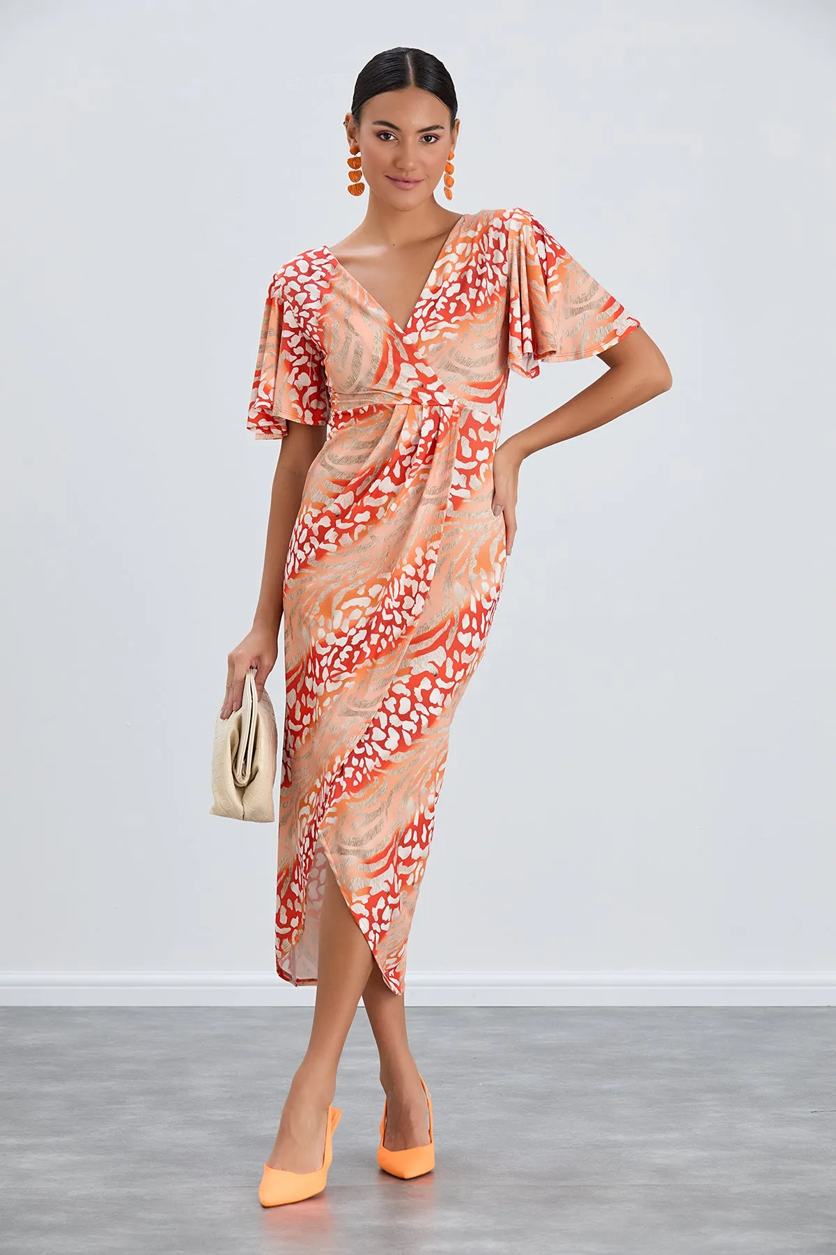 Flirty Flutter Sleeve Wrap Midi Dress in Orange Animal Print