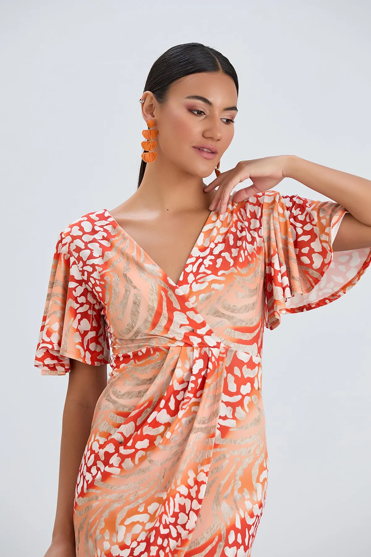 Flirty Flutter Sleeve Wrap Midi Dress in Orange Animal Print