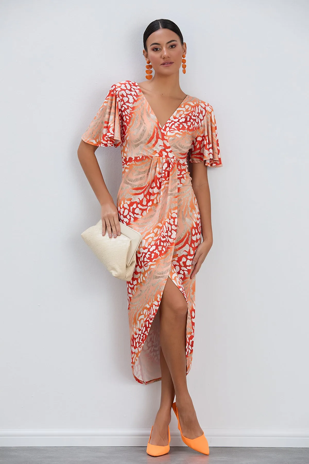 Flirty Flutter Sleeve Wrap Midi Dress in Orange Animal Print