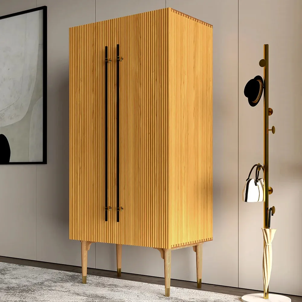 Fluted Armoire Wardrobe Closet Cherry Clothing Organizer Cabinet With 2 Doors