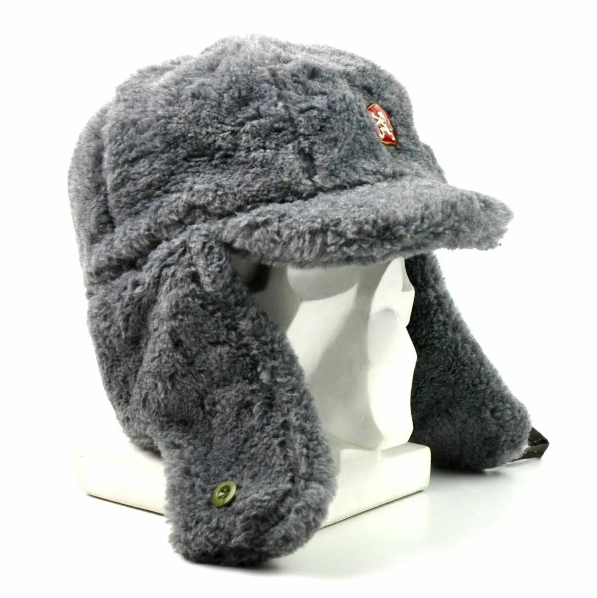 Genuine Czech army winter cap Ushanka grey fur warm hat CZ military isignia